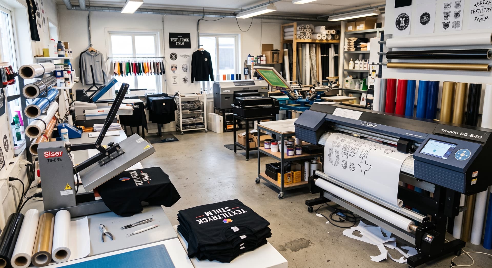 Tryckeriverkstad med värmepress och skärplotter